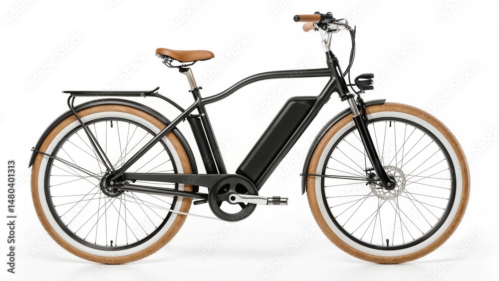 Fototapeta premium Sleek electric bicycle featuring a black frame, tan leather seat and handlebars, light brown tires, and a central battery pack on a white background.