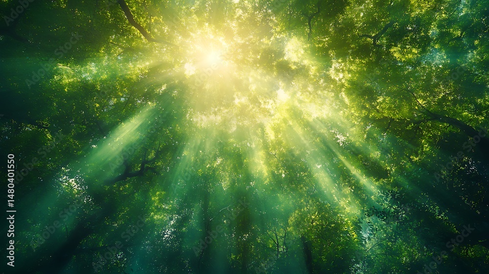 Obraz premium Sunlit Canopy: A breathtaking view from beneath, as sunlight pierces through a lush forest canopy, creating a symphony of light and shadow, painting a vibrant scene of nature's beauty.