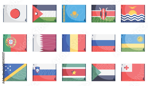 Flat Vector Illustration Set of 15 Diverse Country Flags from Around the World with Clean Design and Soft Shadows