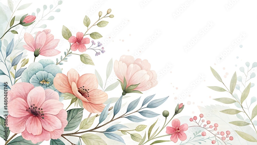 Obraz premium Watercolor floral illustration with pink, peach, and blue flowers on white backdrop