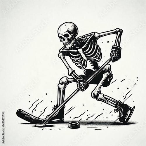 Skeletal Hockey Player in Action with Puck and Stick
