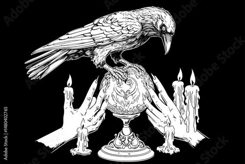Gothic Hands with Candles and Raven