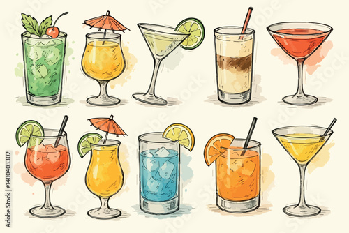 Vibrant watercolor cocktails illustrating diverse mixed beverages, ideal for menu graphics and seasonal promotional materials