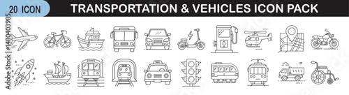 Transportation and vehicles icon set outline style plane bicycle boat bus car scooter gas station helicopter map motorcycle on transparent background