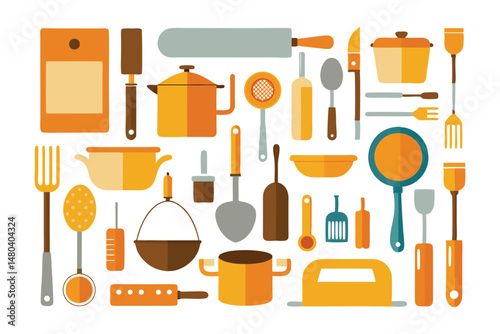 Kitchen decor tableware set. Cute kitchen decor. Cooking furniture. Dining elements set. Vector illustration