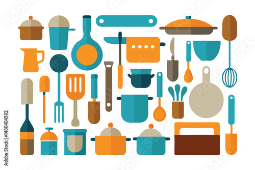 Kitchen decor tableware set. Cute kitchen decor. Cooking furniture. Dining elements set. Vector illustration