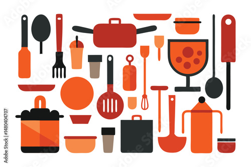 Kitchen decor tableware set. Cute kitchen decor. Cooking furniture. Dining elements set. Vector illustration