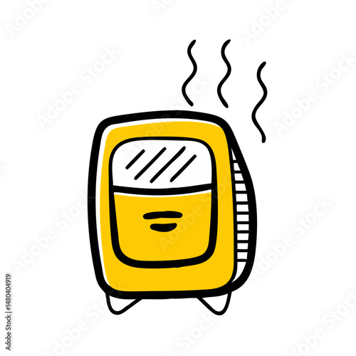 Compact yellow dehumidifier with steam rising in a minimalist style  