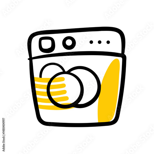 Dishwasher illustration with circular elements and yellow accents  