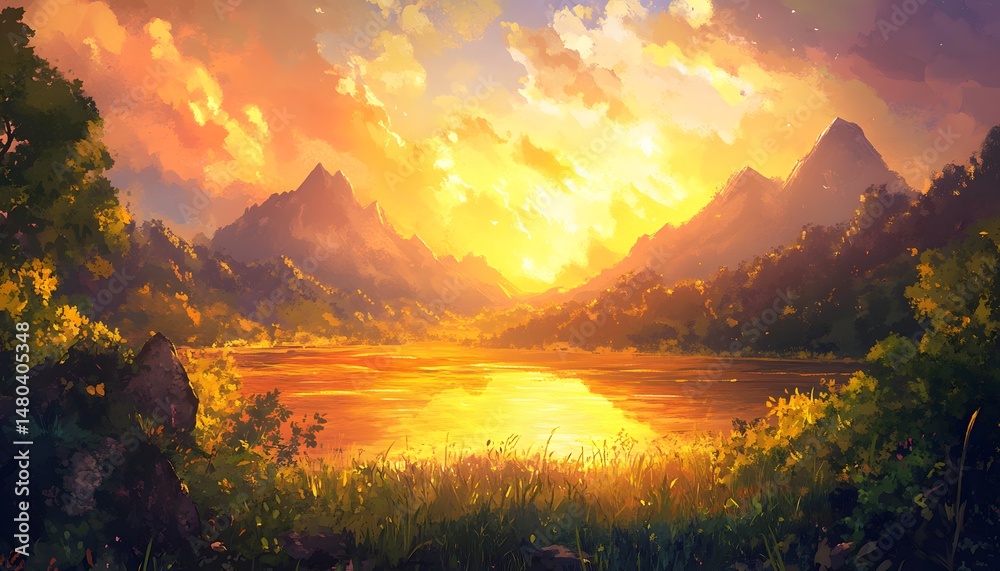 Fototapeta premium Golden sunset over a tranquil mountain lake.