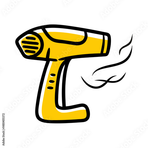 Outline of a yellow garment steamer with steam effect  