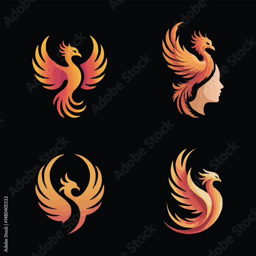 Four Phoenix Logos in Orange and Red on Black Background