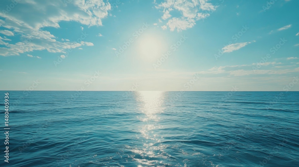 Fototapeta premium Tranquil ocean horizon with clear sky and radiant sunlight for meditation and relaxation themes