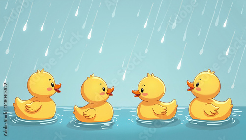 Cartoon ducks enjoying rain in a playful setting
