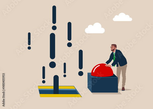 Businessman presses the start red button. Push start to open door and to see exclamation marks. Story telling, speak out loud to draw attention and interest. Flat vector illustration