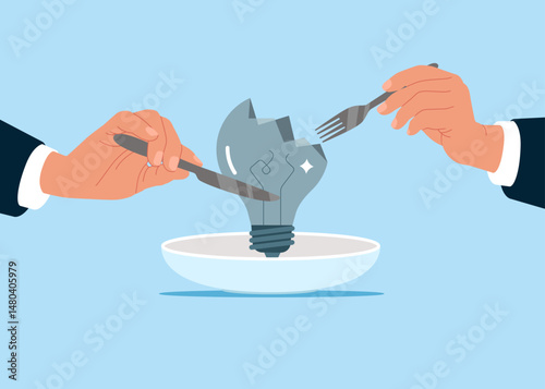 Human hands cut fork knife eat meal crashed light bulb wire inspiration. Burnt out bulb. Flat vector illustration