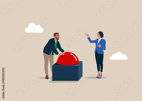 Business people presses the start red button. Push start. Modern flat vector illustration. 