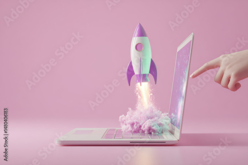 A laptop on a pastel pink surface features a colorful rocket taking off from its screen. A hand points toward the laptop, emphasizing a playful interaction with technology and imagination