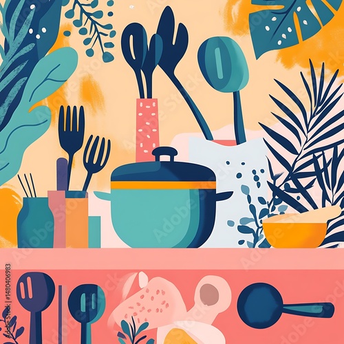 Culinary Symphony: A vibrant and artistic illustration showcases a collection of kitchen utensils and elements, including pots, spoons, forks, and foliage.