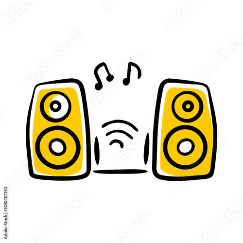 Wireless audio speakers with sound waves and musical notes  