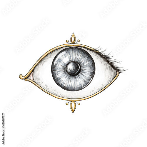 Ornamental eye illustration with golden frame and delicate eyelash detail.