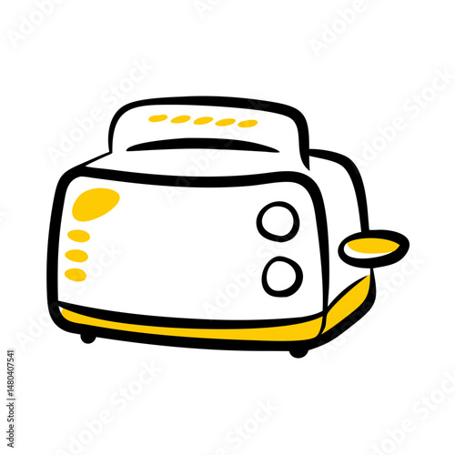 Cartoon toaster with yellow accents and side lever for bread  