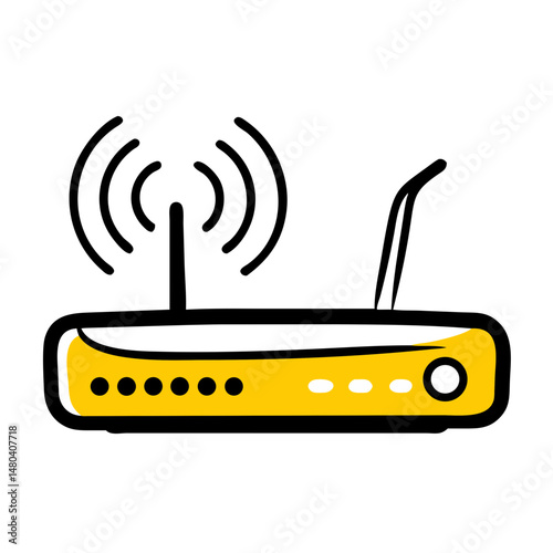 Yellow wireless router with antenna and signal waves on white background  