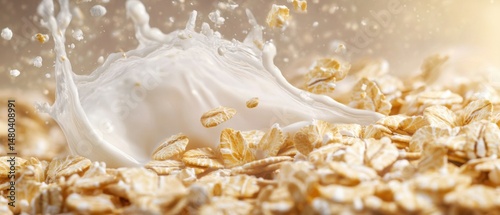 Milk Splashing onto Oat Flakes Close Up Shot of Breakfast Cereal with Liquid Pouring for Healthy Food Concept
