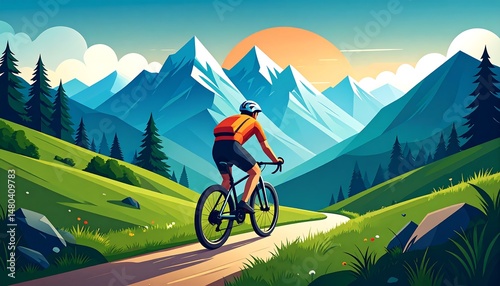 Scenic Mountain Biking Adventure at Sunset with Cyclist on Path in Vibrant Landscape
