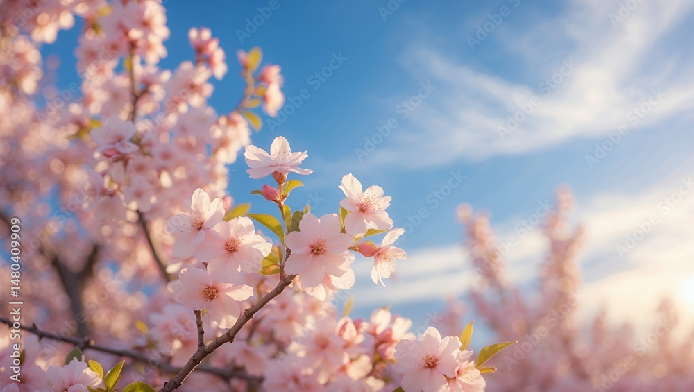 Delicate Pink Cherry Blossoms in Full Bloom Under a Sunny Spring Sky Delicate Pink Cherry Blossoms in Full Bloom Under a Sunny Spring Sky