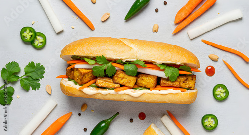 Vegan Banh Mi Sandwich Featuring Tofu and Fresh Vegetables On Neutral Surface
