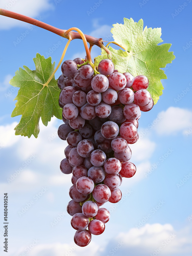 Fototapeta premium Bunch of red grapes hanging from vine with blue sky background
