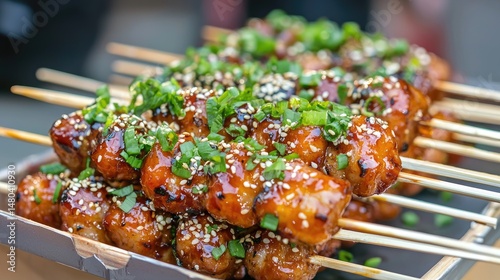 Close-up view of savory skewers with a sweet and spicy glaze.