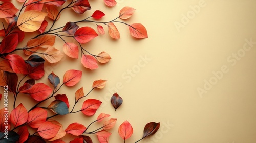 Autumnal leaves arranged on a pastel background photo