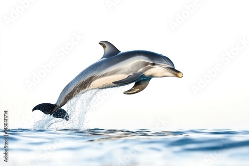 A high-resolution image of a sleek and graceful dolphin swimming in mid-air, showcasing its smooth, streamlined body and natural curves.