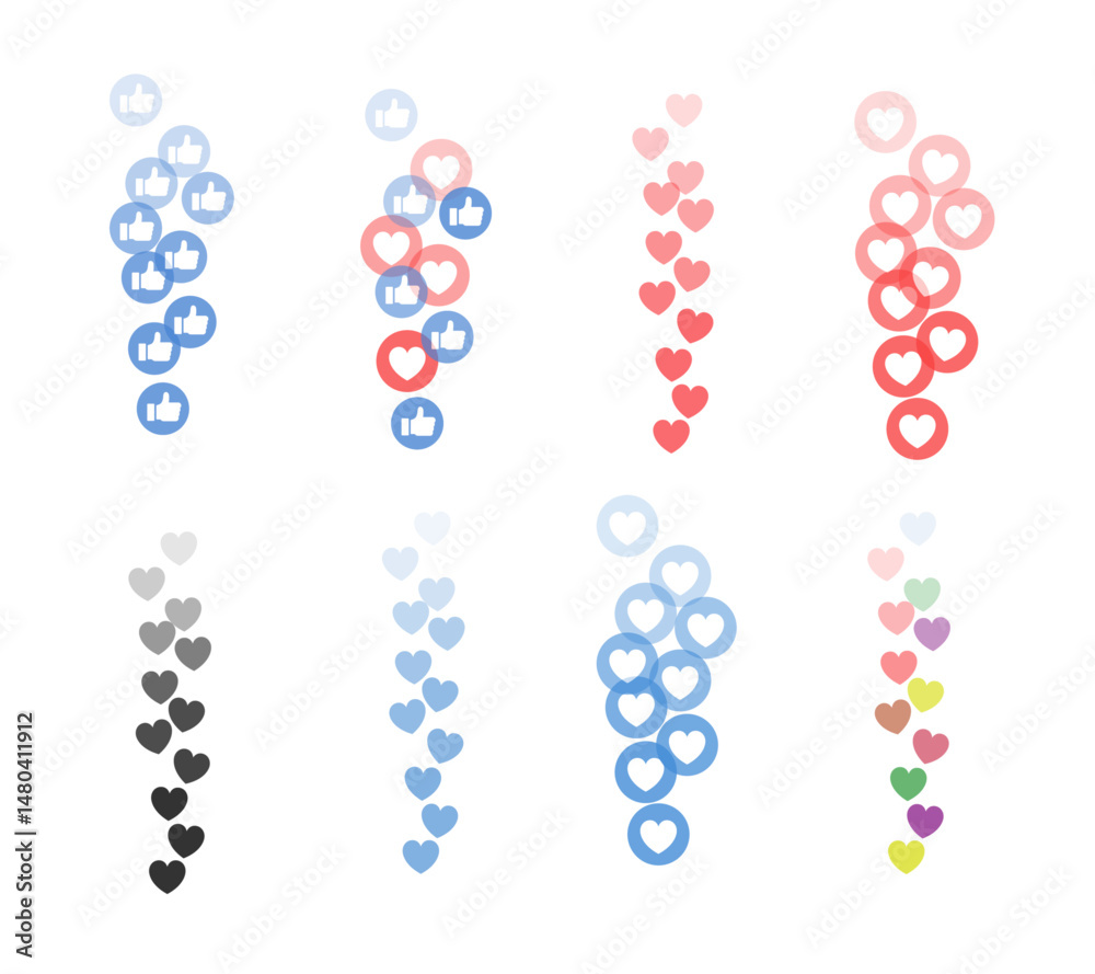 Set of colorful vector hearts for stream. Vector illustration, Like and Heart icon. Live stream video, chat, likes. Social nets like red heart web buttons isolated on Transparent Background