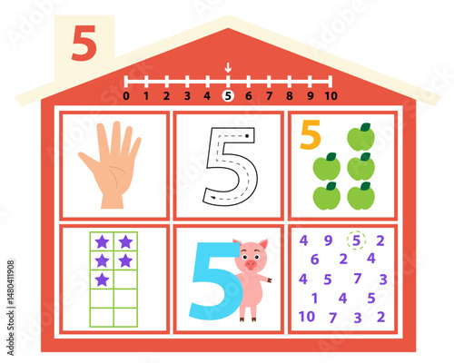 Poster on learning number five. Count and write number. Numbers 1-10.