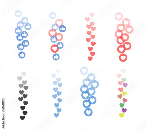 Set of colorful vector hearts for stream. Vector illustration, Like and Heart icon. Live stream video, chat, likes. Social nets like red heart web buttons isolated on Transparent Background