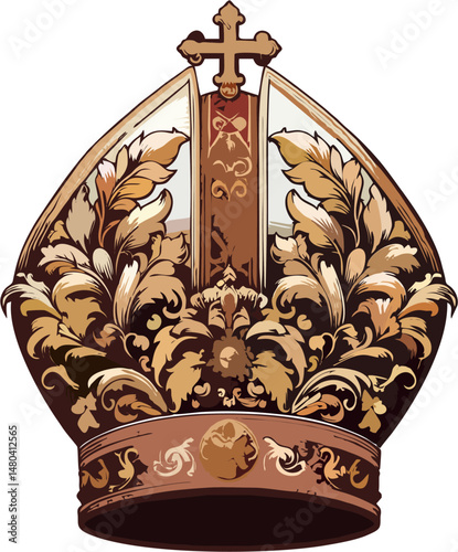Ornate Papal Mitre Vector Illustration with Baroque Gold Embellishments and Red Accents, Religious Bishop Hat Design