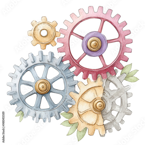 Watercolor gears interlocking show mechanical process and machine element.