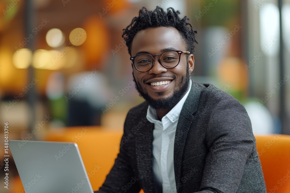 Obraz premium Smiling African American businessman using laptop in modern office.