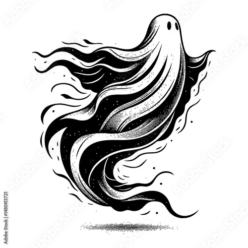 Floating Ghost with Fabric in Black and White Outline Line Art Drawing Style with Elegant Flowing Details