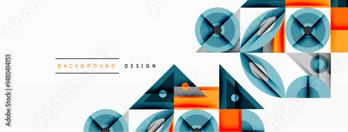 Geometric shapes, blue, orange hues create modern design. Minimalist pattern suits backgrounds, banners, presentations. Clean lines, vibrant colors.
