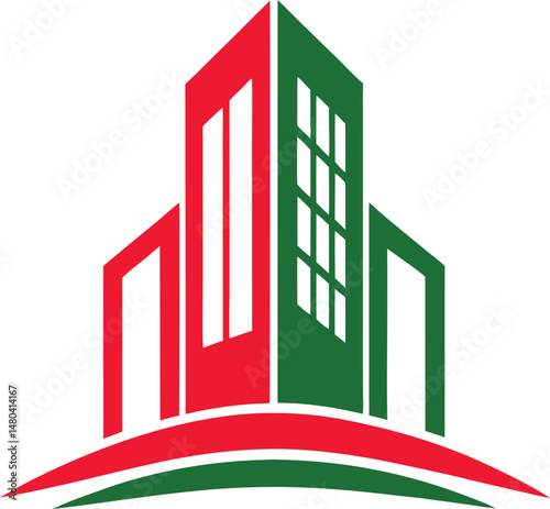 Modern logo featuring stylized red and green buildings forming a city skyline over curved base elements. Clean, bold design with simple shapes on a white background, ideal for real estate.