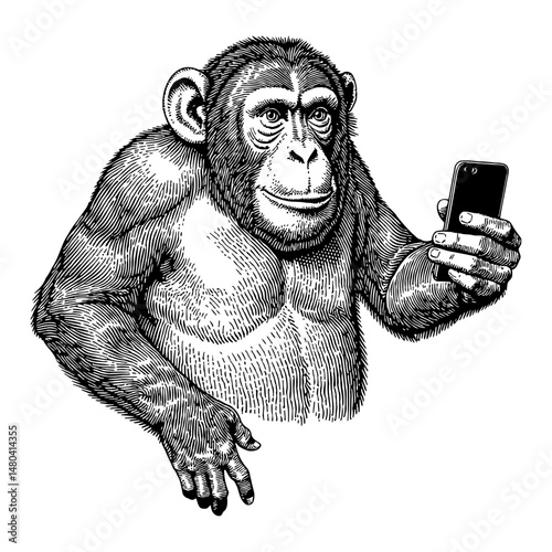 Monkey Taking Selfie Using Smartphone Black and White Outline Line Art Drawing Illustration