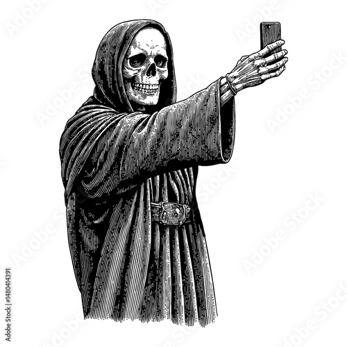 Skeleton Wearing Dark Robe Taking Selfie Using Smartphone in Black and White Outline Line Art Drawing