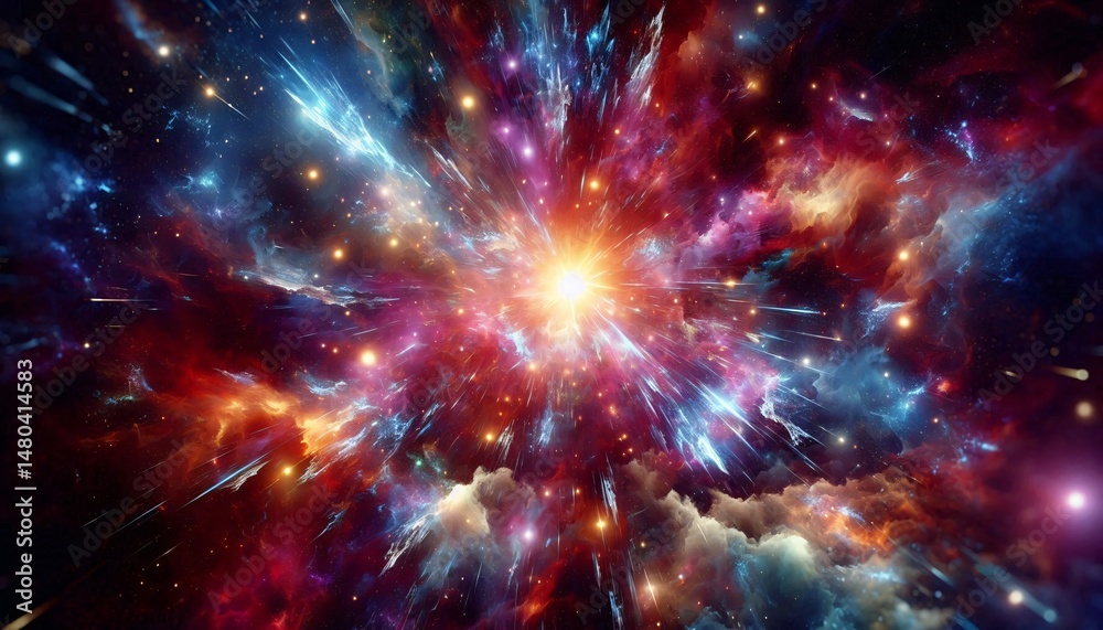 Obraz premium Celestial Symphony: An awe-inspiring digital composition captures the birth of a star amidst a vibrant cosmic explosion, a symphony of colors and light that embodies the vast beauty of the universe.