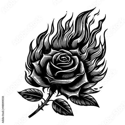 Burning Rose in Flame Black and White Outline Line Art Drawing Engraving Floral Illustration