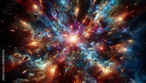 Cosmic Burst: A dazzling display of cosmic energy erupts, with vibrant nebulae and celestial bodies in a vivid, artistic portrayal of the universe.