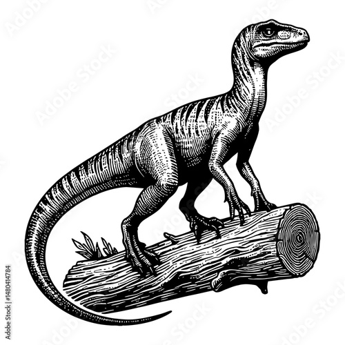 Velociraptor on Wooden Log Black and White Outline Line Art Drawing in Vintage Engraving Style